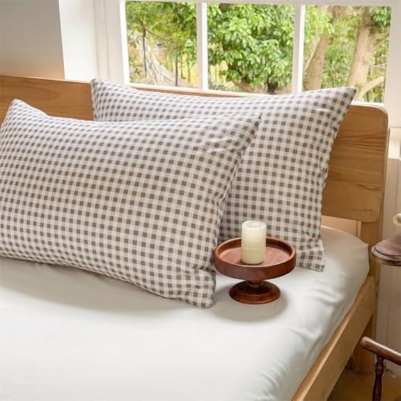 Tan Gingham Plaid Queen Size Pillow Shams 20"x30", Set of 2 Taupe Checked Pre-Washed Microfiber Farmhouse Pillowcases for Bed/Sofa (20"x30", Tan Gingham)