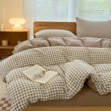 Tan Gingham Queen Duvet Cover Set, Taupe Plaid Comforter Cover Set, 3 Pieces Checked Bedding Set (Tan Gingham, Queen)