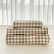 Tan Gingham Queen Sheet Set, Soft Microfiber Plaid Bed Sheets, 4-Piece Brown Grid Set with Deep Pocket