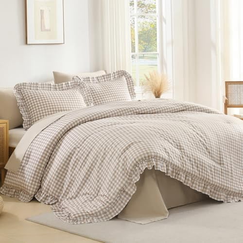 Tan Gingham Ruffle Comforter Full (79x90Inch), 3 Pieces(1 Ruffled ...