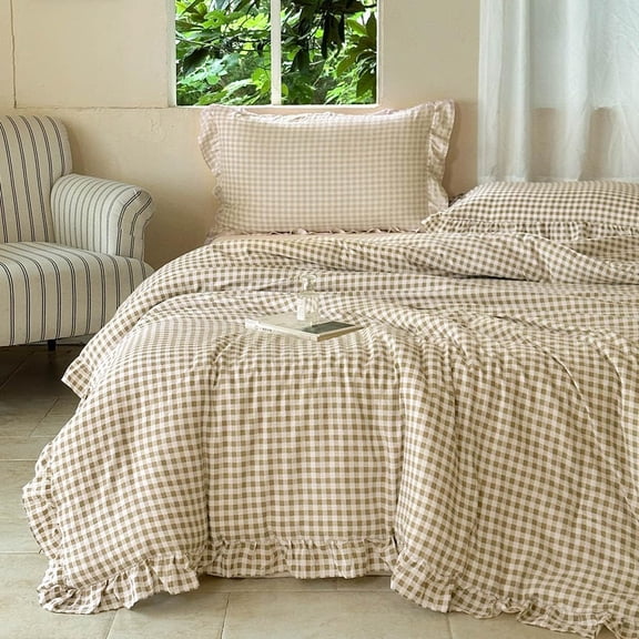 Tan Gingham Ruffle Comforter Set Queen 3 Piece Pre-Washed Plaid Bedding with Pillow Shams