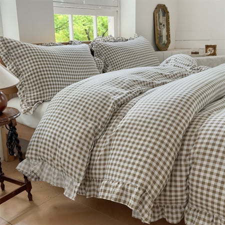 Tan Gingham Ruffle Duvet Cover Queen Size, 3 Pieces Taupe Soft Pre-Washed Microfiber Checked Plaid Comforter Cover Set, Vintage Farmhouse Bedding Set(Tan Gingham, Queen 90"x90")