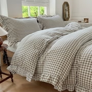 Tan Gingham Ruffle Duvet Cover Twin Size, 2 Pieces Taupe Soft Pre-Washed Microfiber Checked Plaid Comforter Cover Set, Vintage Farmhouse Bedding Set(Tan Gingham, Twin 68"x90")