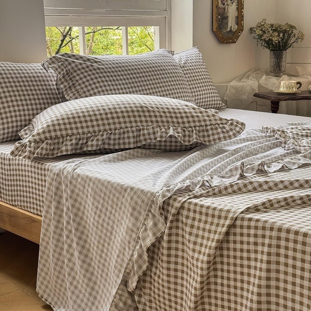 Tan Gingham Ruffle King Sheet Set, Taupe Soft Pre-Washed Microfiber Plaid Ruffled King Bed Sheets, 4-Pieces Farmhouse Sheet Set with Deep Pocket - Walmart.com