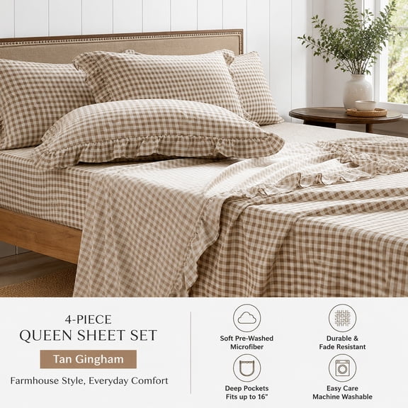 Tan Gingham Ruffle King Sheet Set, Taupe Soft Pre-Washed Microfiber Plaid Sheets, 4-Piece Deep Pocket Farmhouse Bedding