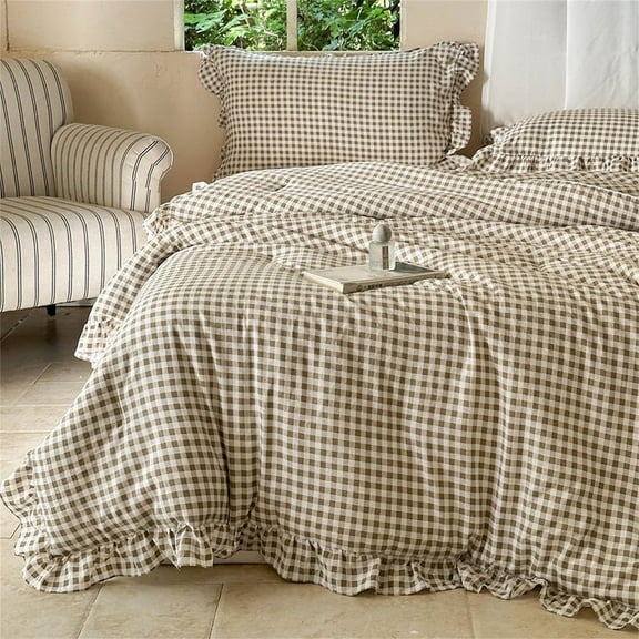 Tan Gingham Ruffle Queen Comforter Set, Taupe Ruffled Plaid Bedding Set, Ruffled Checked Bed Comforter 3 Pieces(Tan Gingham, Queen)