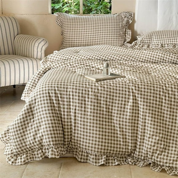 Tan Gingham Ruffle Queen Comforter Set, Taupe Ruffled Plaid Bedding Set, Ruffled Checked Bed Comforter 3 Pieces(Tan Gingham, Queen)