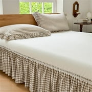 Tan Gingham Wrap Around Ruffled Bed Skirt with Lace Decor, Plaid Grid Adjustable Elastic Dust Ruffles for Full Bed, 15 Inch Drop Farmhouse Cottage Pleated Bed Frame Cover(Tan Gingham, Full)