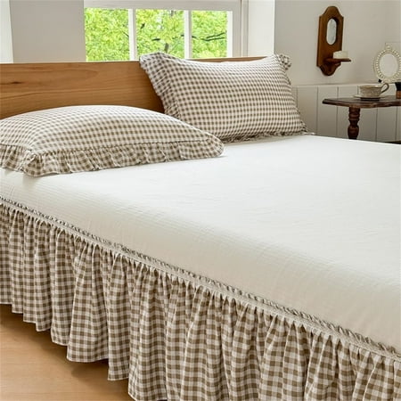 Tan Gingham Wrap Around Ruffled Bed Skirt with Lace Decor, Plaid Grid Adjustable Elastic Dust Ruffles for Full Bed, 15 Inch Drop Farmhouse Cottage Pleated Bed Frame Cover(Tan Gingham, Full)