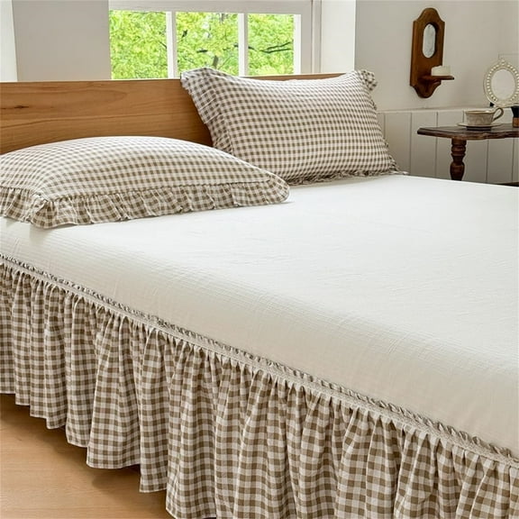 Tan Gingham Wrap Around Ruffled Bed Skirt with Lace Decor, Plaid Grid Adjustable Elastic Dust Ruffles for Queen Bed, 15 Inch Drop Farmhouse Cottage Pleated Bed Frame Cover(Tan Gingham, Queen)