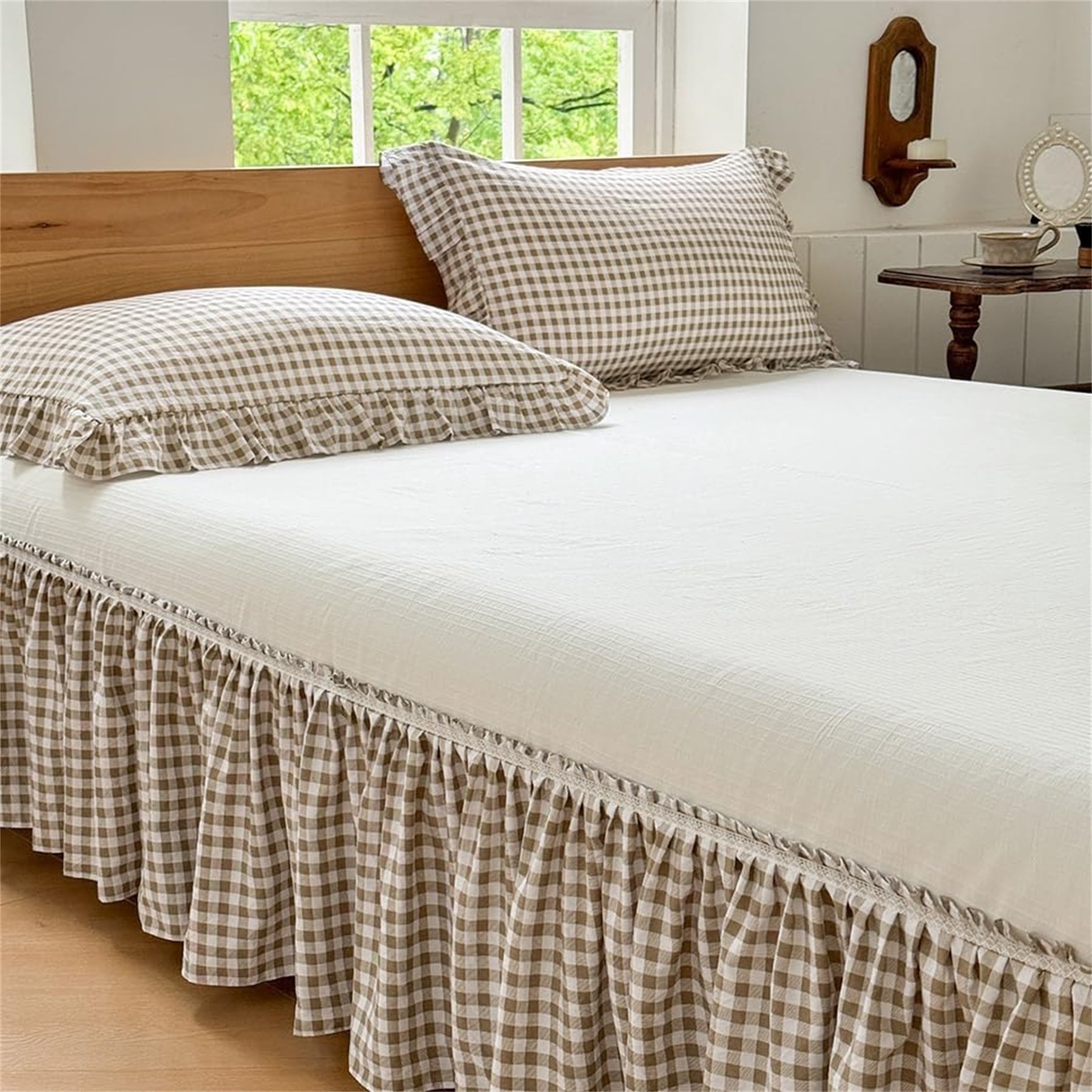 Tan Gingham Wrap Around Ruffled Bed Skirt with Lace Decor, Plaid Grid ...