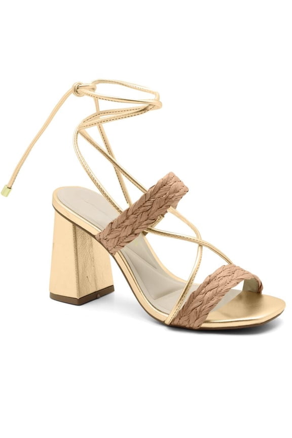 Casual & Dress Tie-Up Block Heeled Natural Raffia, Gold, Size 10
