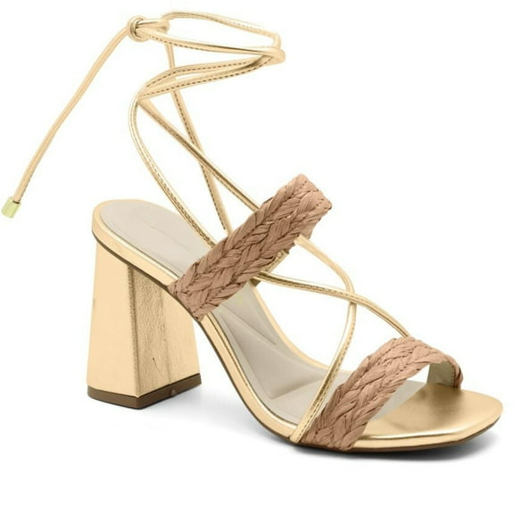 Gold Tie-Up Natural Raffia Block Heeled Sandal