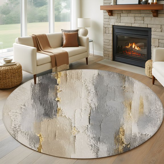 Tan Grey Abstract 6ft Round Rugs, Vintage Gradient Graffiti Modern Art Washable Non-Slip Area Rugs for Living Room Bedroom Kitchen, Soft Low Pile Dining Room Kicthen Circle Carpet, Indoor Floor Rug