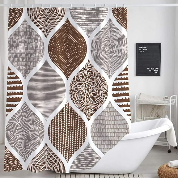 Tan and Grey Shower Curtain, Brown Retro Bohemian Geometric Fabric Shower Curtains Set for Bathroom Decorative, Boho Modern Paisley Restroom Decor Accessories with Hooks 72X72 Inch