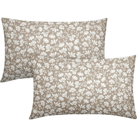 Tan Khaki Beige Daisy Floral Lumbar Pillow Covers 12X20 Inch Vintage Flowers Pillow Cases Set of 2 Block Print Cotton Linen Throw Pillows Farmhouse Decor For Sofa Couch Porch Bed Cushion Outdoor