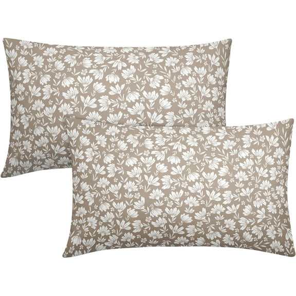 Tan Khaki Beige Daisy Floral Lumbar Pillow Covers 12X20 Inch Vintage Flowers Pillow Cases Set of 2 Block Print Cotton Linen Throw Pillows Farmhouse Decor For Sofa Couch Porch Bed Cushion Outdoor