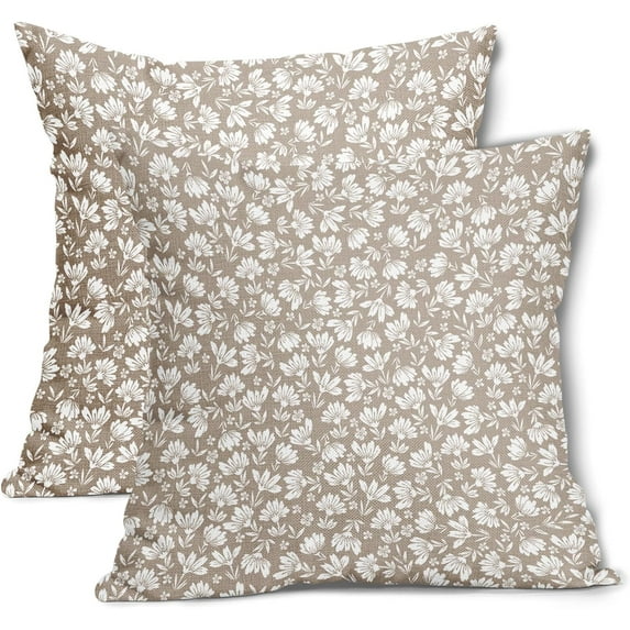Tan Khaki Beige Daisy Floral Pillow Covers 18X18 Inch Vintage Flowers Decorative Pillow Cases Set of 2 Block Print Cotton Linen Throw Pillows Farmhouse Decor For Sofa Couch Porch Bed Cushion Outdoor