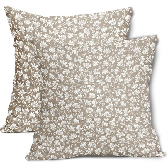 Tan Khaki Beige Daisy Floral Pillow Covers 20X20 Inch Vintage Flowers Decorative Pillow Cases Set of 2 Block Print Cotton Linen Throw Pillows Farmhouse Decor For Sofa Couch Porch Bed Cushion Outdoor