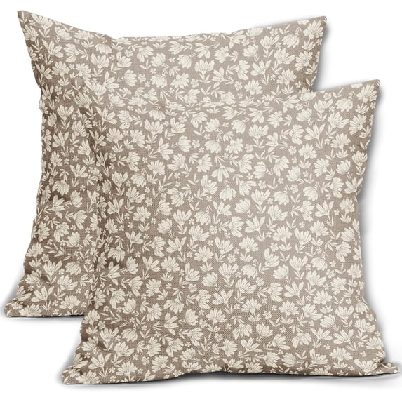 Tan Khaki Floral Block Print Pillow Covers 20x20 Inch Set of 2, Vintage Cottage Style Beige Decorative Throw Pillow Cases Outdoor Cushion Covers Rustic Farmhouse Decoration Sofa Couch Bed Decor