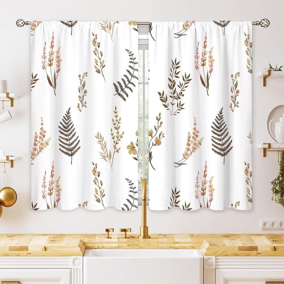Tan Leaf Small Kitchen Curtains Botanical Window Treatment Plant Floral Rod Pocket Cafe Short Window Curtains for Bathroom Dining Laundry Room Flower Fall Tier Treatment Drapes 27.5x39 inch