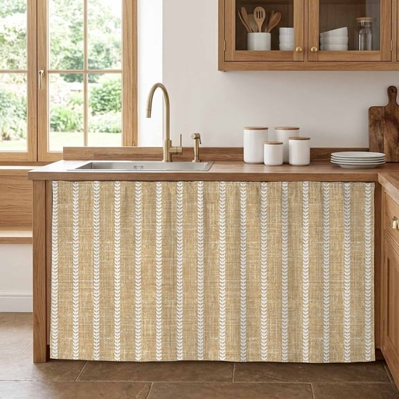 Tan Leaf Striped Cabinet Curtains 32" W x 55" L, Industrial Khaki Linen Texture White Stripes Under-Desk Privacy Dust Proof Drape Dishwasher Curtain Sink Skirt for Kitchen Closet Bathroom Laundry
