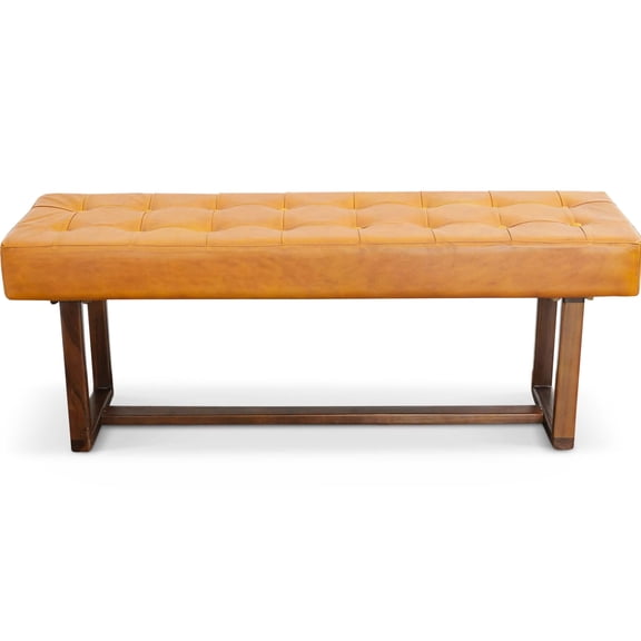 Tan Leather Accent Bench | Adaptable for Different Decor Styles | Sturdy Solid Wood Construction | Easy to Clean with Non - Abrasive Solution
