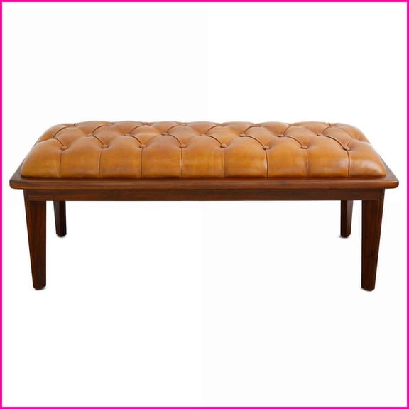 Tan Leather Bench with Button Tufting, Solid Wood Frame | Mid-Century Modern | Genuine Leather
