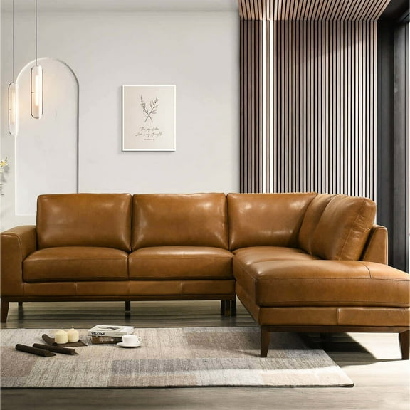 Tan Leather Sectional Right Facing - 4 Seater With Breathable And Strong Frame Seat Soft Supportive Cushions
