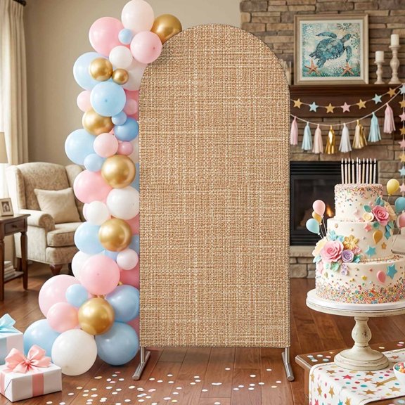 Tan Linen Arch Backdrop Covers 5 FT, Rustic Boho Natural Sand Fiber Stretchy Fitted Arched Stand Covers Party Arch Stand Cover Photo Booth for Wedding Birthday Decor