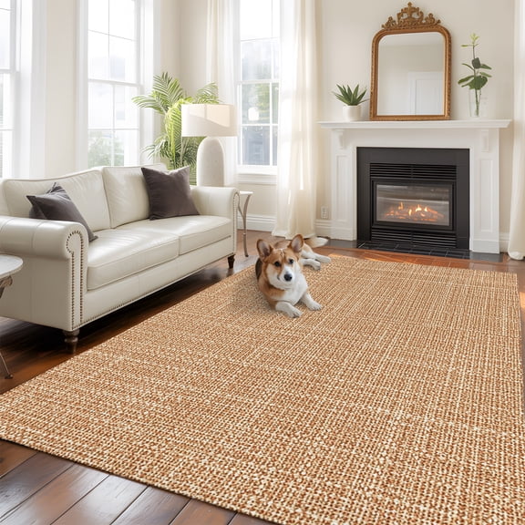 Tan Linen Washable Area Rug 5x8 Rustic Boho Natural Sand Fiber Low-Profile Large Area Rugs with Non Slip Backing Indoor Floor Carpet for Entrance Living Room Bedroom Home Office
