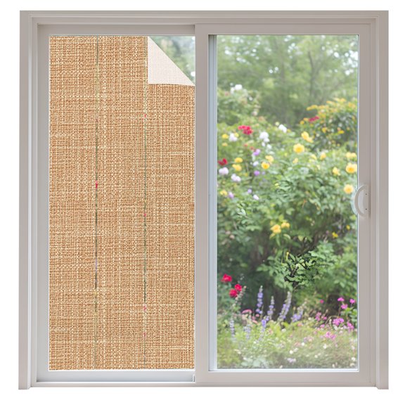 Tan Linen Window Privacy Film Rustic Boho Natural Sand Fiber Decorative Glass Window Film UV Blocking Static Cling Non-Adhesive Sticker Covering for Home Door 35.4x78.7 inches