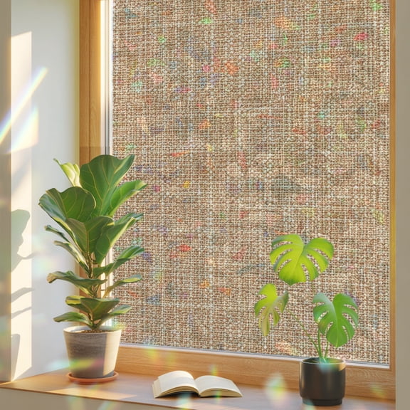 Tan Linen Window Privacy Film, Rustic Boho Natural Sand Fiber Stained Glass Rainbow Film Decorative Window Clings, Static Cling Sun Blocking Stickers 17.7" x 39.3"