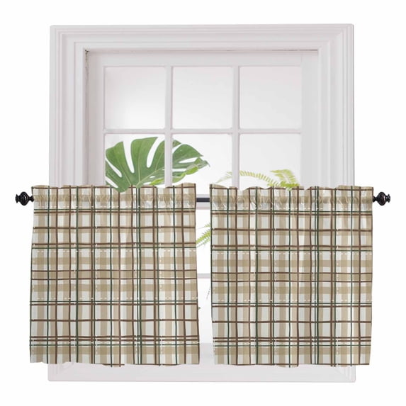 Tan Lines 2 Panel Kitchen Curtains for Small Windows, Modern Gingham Plaid Striped Farmhouse Bathroom Tier Curtain, Short Window Treatment for Bedroom/Living Room 55"x36"