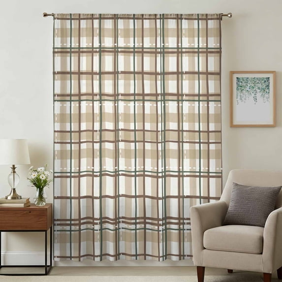 Tan Lines Sheer Curtains 45 Inches Long, Modern Gingham Plaid Striped Farmhouse Light Filering Curtains, Breathable Simi Curtain Privacy Drapes for Kitchen Bathroom Lightweight Small Window Treatment