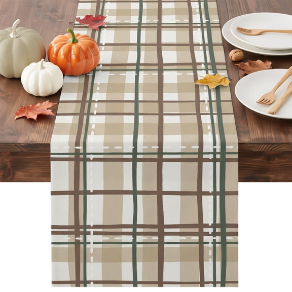 Tan Lines Table Runner - 36 Inch Long Modern Gingham Plaid Striped Farmhouse Cotton and Linen Blended Dress Scarves Farmhouse Table Runner for Kitchen Dining, Coffee Table, 13" x 36"