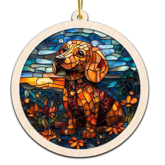 Tan Longhaired Daschund Stained Glass Suncatcher Ornament Ornament Gift for Family, Friends, Men & Women, Christmas 2025 Keepsake