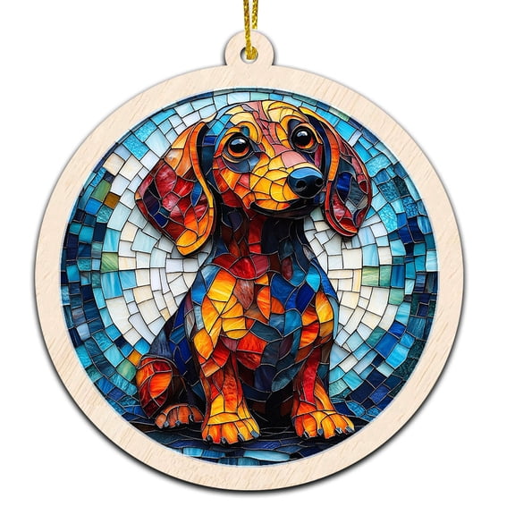 Tan Longhaired Daschund Stained Glass Suncatcher Ornament Ornament Gift for Family, Friends, Men & Women, Christmas 2025 Keepsake