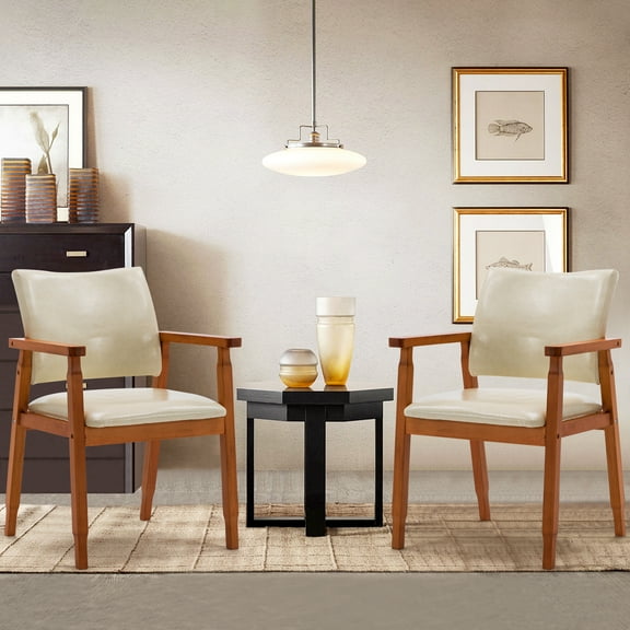 Tan Mid-Century PU Leather Upholstered Arm Chair, Dining chair, Set of 2