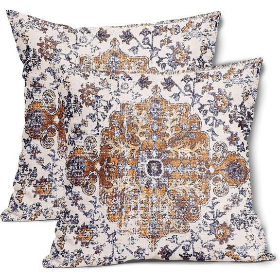 Tan Navy Blue Brown Boho Throw Pillow Covers 20X20 Inches Set of 2 Bohemian Carpet Vintage Pillow Cases Gold Yellow Grey Terracotta Pillow Cover Farmhouse Home Decor For Couch Patio Porch Outdoor