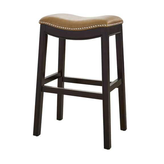 Tan PU Leather Upholstered Solid Hardwood Bar Stool 31 Inch Bar Height Metal Footrest Nailhead Trim Easy Assembly