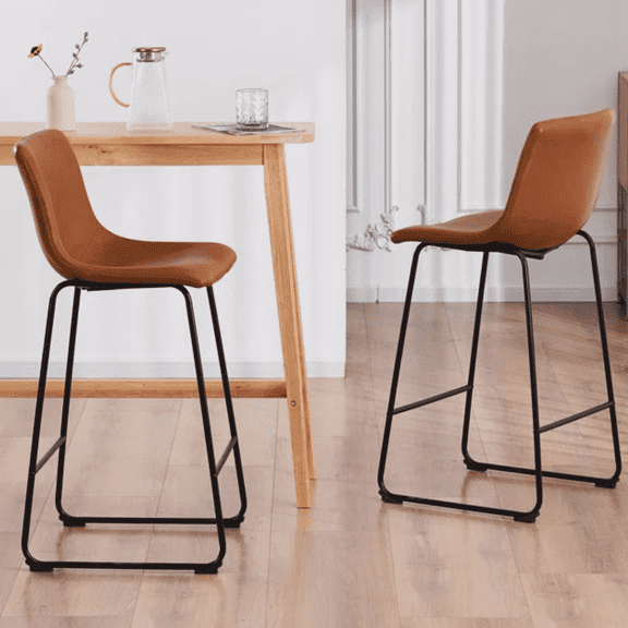 Take Me Home Furniture Tan PU Upholstered Stool 26"H Counter Stool | Metal Black Frame, Mid-Back Bar Stool | Easy to Clean Leather Stool (Set of 2)
