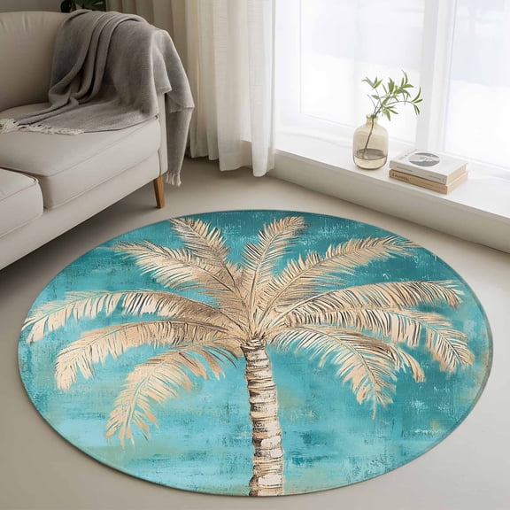Tan Palm Tree 3FT Round Area Rugs Tropical Coastal Beach Palm Tree Teal Soft Small Round Rug Non-Slip, Ultra-Thin Indoor Circle Carpet for Bedroom Entryway Kitchen Bathroom