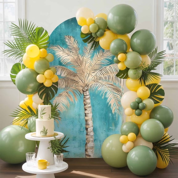 Tan Palm Tree Arch Backdrop Cover, 5FT, Tropical Coastal Beach Palm Tree Teal Spandex Arch Covers Double-Sided Backdrop for Wedding Birthday Party Photo Background Decoration