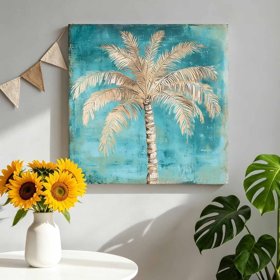 Tan Palm Tree Canvas Wall Art Framed Wall Decor for Living Room Bedroom Bathroom, Tropical Coastal Beach Palm Tree Teal Canvas Pictures Ready to Hang Decor, 10"x10"