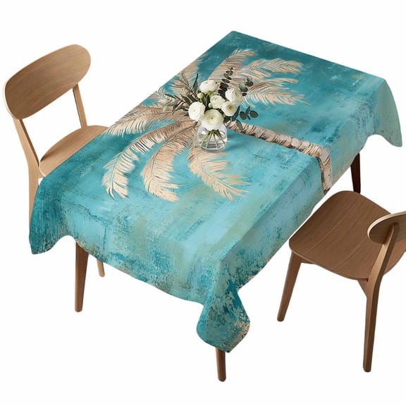 Tan Palm Tree Rectangle Tablecloth Tropical Coastal Beach Palm Tree Teal Waterproof Wrinkle Free Soft Table Cloth Spill-Proof Washable Table Cover for Dining Party Picnic 52 x 70 Inch