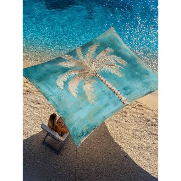 Tan Palm Tree Sun Shade Sail 6.5' x 10', Tropical Coastal Beach Palm Tree Teal Rectangle Outdoor Sunshade Canopy, Waterproof UV Block Patio Covers for Garden Yard Beach