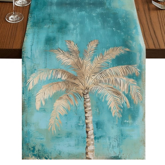 Tan Palm Tree Table Runner 36 Inches Long, Tropical Coastal Beach Palm Tree Teal Cotton Linen Dining Table Runner Dresser Scarves for Home Kitchen Party Decor 13"x36"