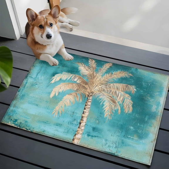 Tan Palm Tree Washable Entry Rug 2x3 Tropical Coastal Beach Palm Tree Teal Low Pile Indoor Door Mat with Rubber Backing Thin Area Rug for for Entrance, Bedroom, Kitchen, Laundry, Bathroom
