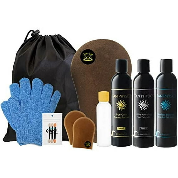 Tan Physics (13pc Deluxe Bundle) Tan Physics True Color Sunless Tanner, Pre-Tan Exfoliator, & Tan Extender- plus ALL tanning essentials - Travel Bag & Bottle, Exfoliation Glove, Mitt & Applicators